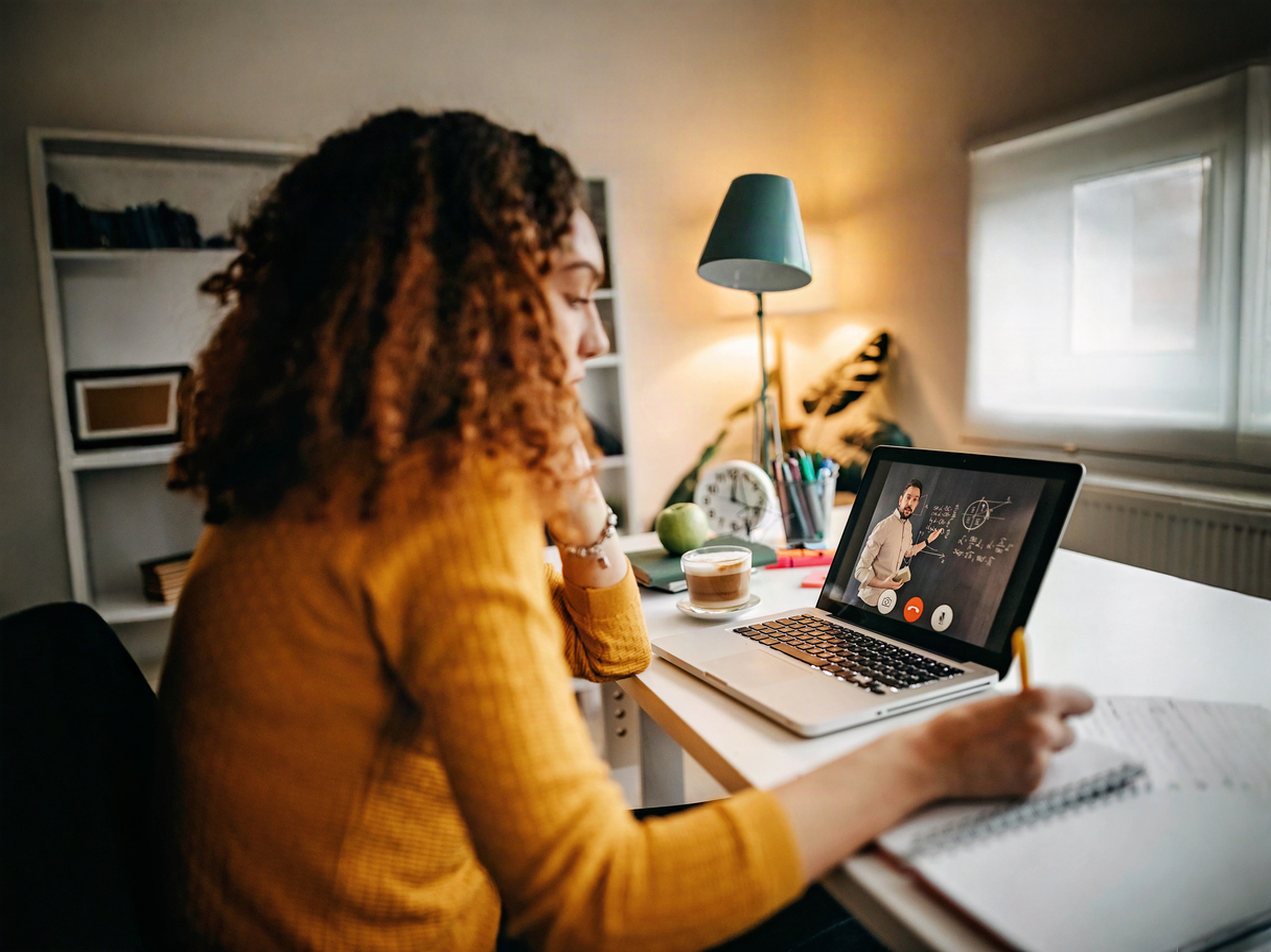 Smiling teacher wearing glasses sitting at her desk in front of a laptop